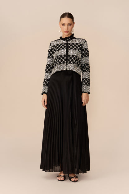 Black ruffle collar jacket and pleated maxi set - view 2