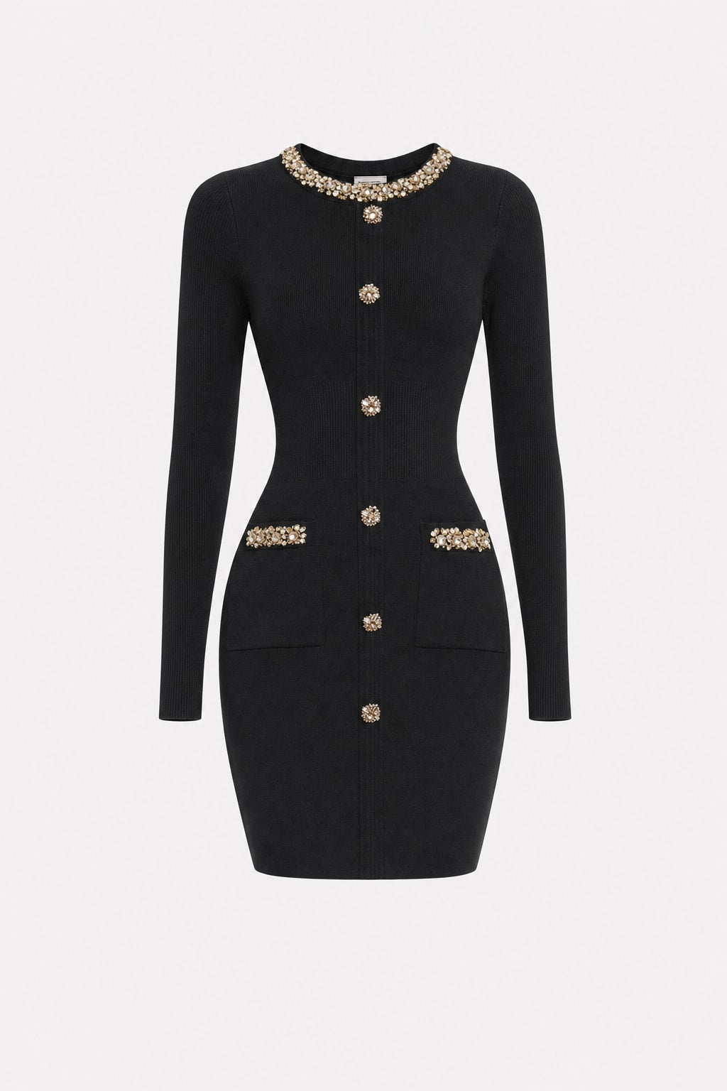 Knit Rhinestone Long Sleeve Mini Dress - 1