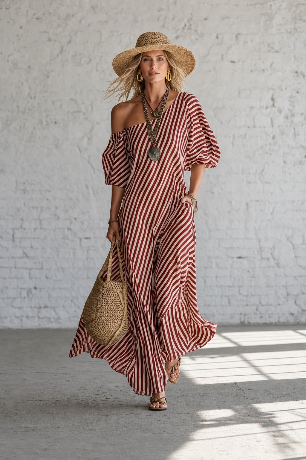 Striped Off-Shoulder Maxi Dress - 5