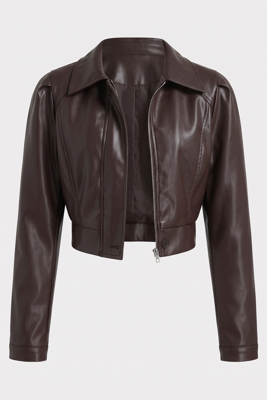 Brown Faux Leather Cropped Moto Jacket With Notched Collar - 1
