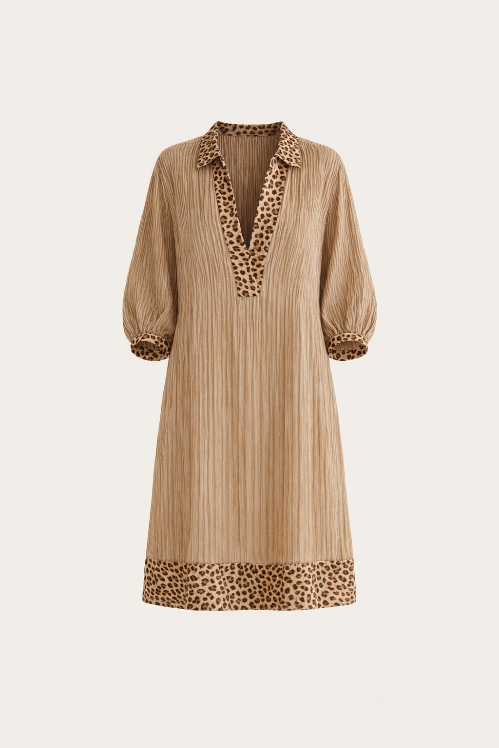 Striped Cotton Shirt Dress with Leopard Trim - 1