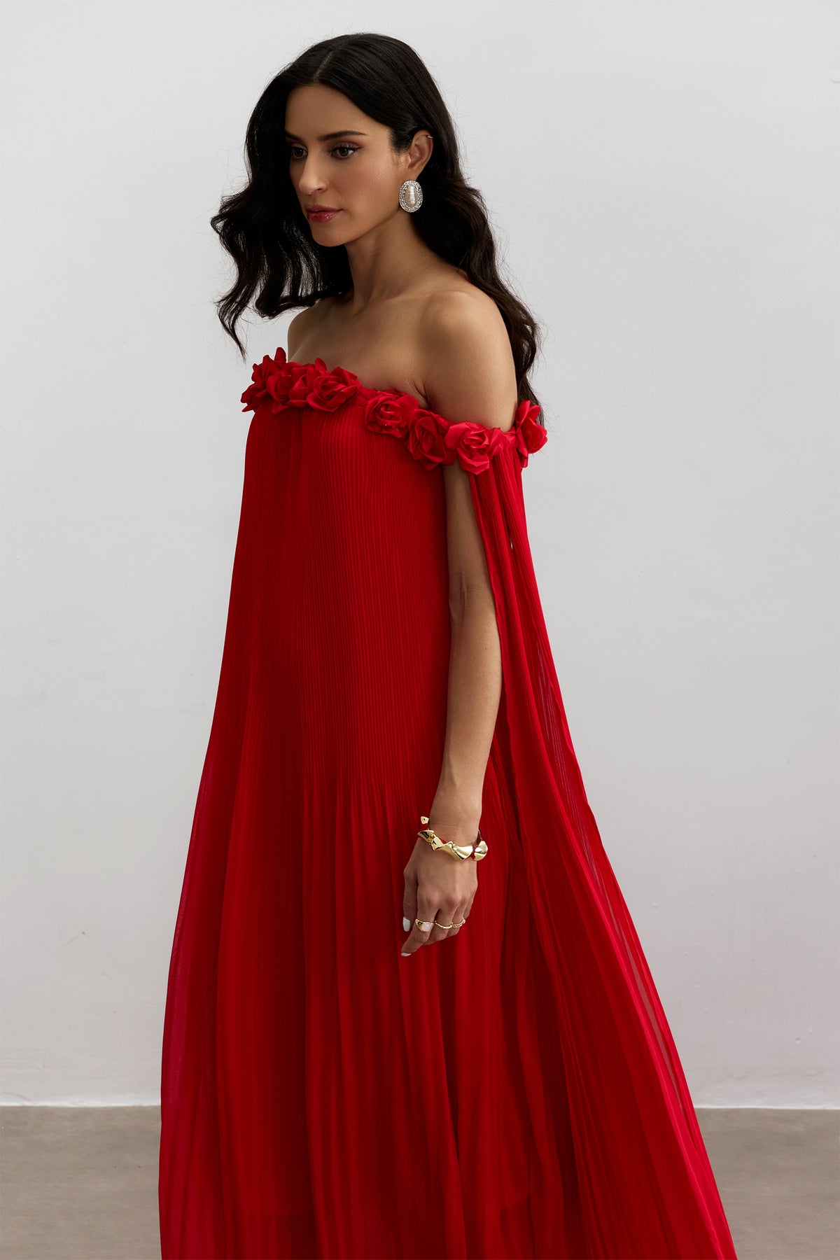 Off-Shoulder Rosette Maxi Dress in Red - view 3