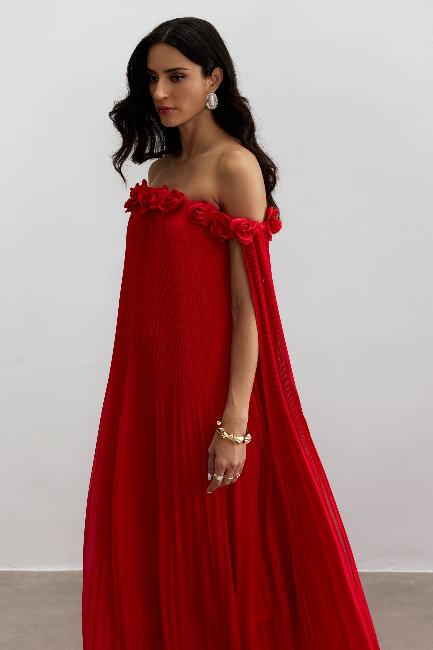 Off-Shoulder Rosette Maxi Dress in Red - view 3