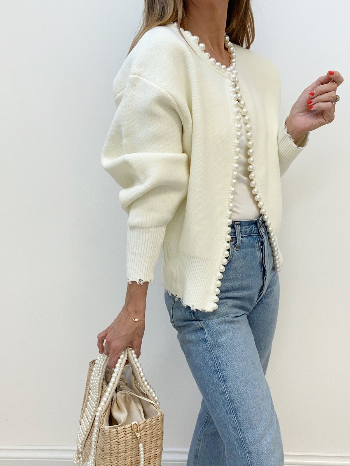 White knit cardigan with pearl trim - view 4