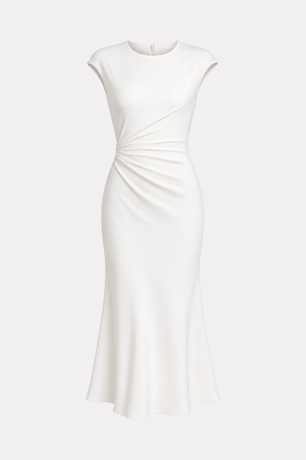 Satin ruched midi dress with cap sleeves