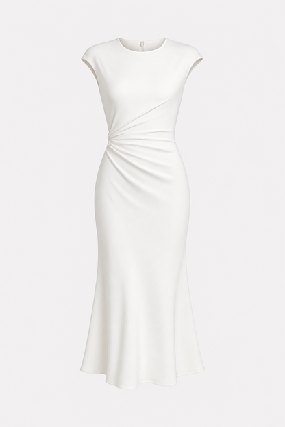 Satin ruched midi dress with cap sleeves