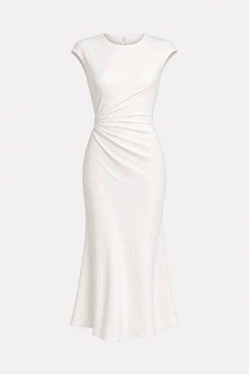 Satin ruched midi dress with cap sleeves