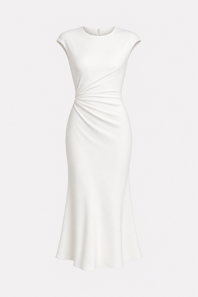 Satin ruched midi dress with cap sleeves