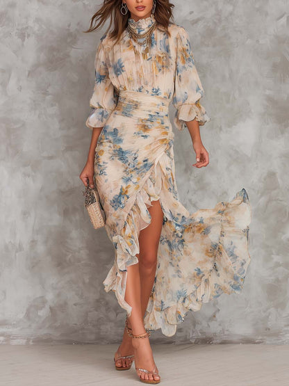 Yellow Floral Chiffon Ruched Maxi Dress - view 2