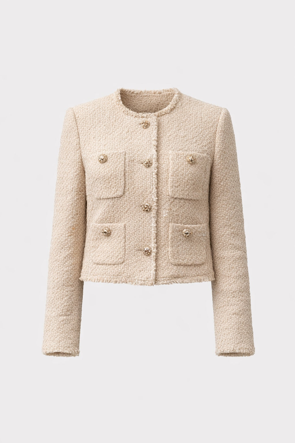 Tweed Cropped Jacket with Collarless Neckline - 1