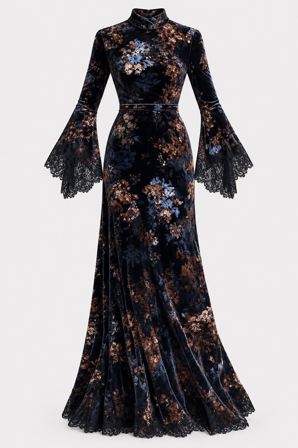 Velvet Maxi Dress Midnight Floral Bell Sleeve - 1
