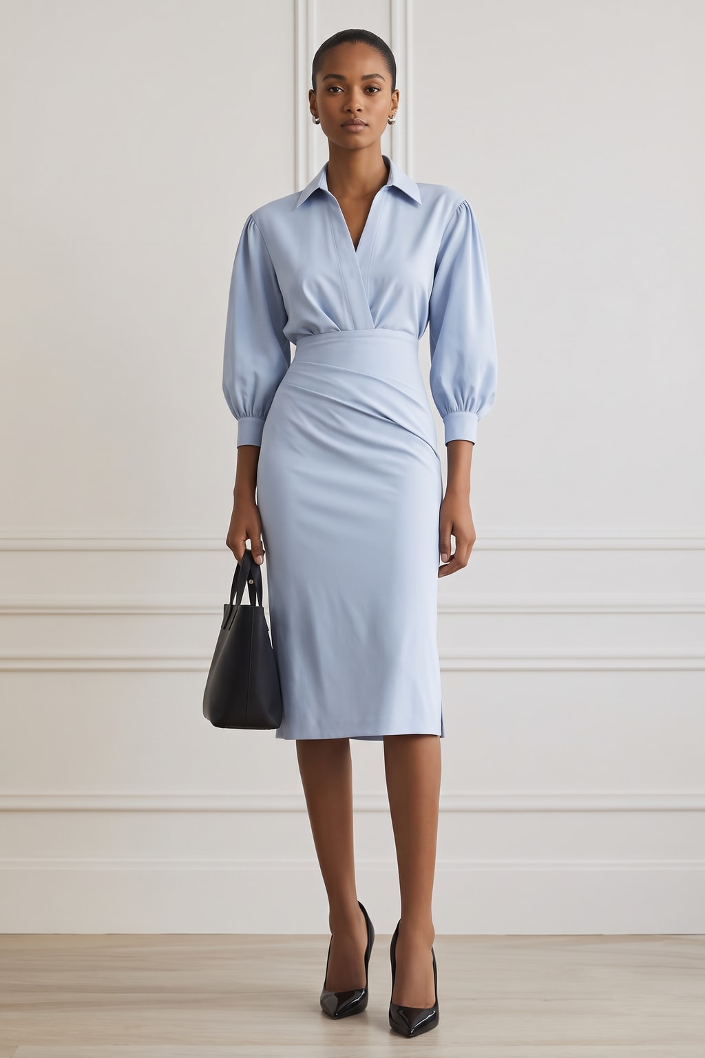 Polyester Ruched Shirt-Collar Two-Piece Skirt Set - 5