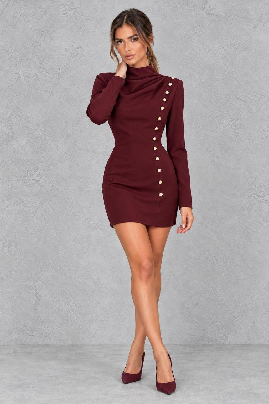 Woven Button-Front High-Neck Mini Dress - 8