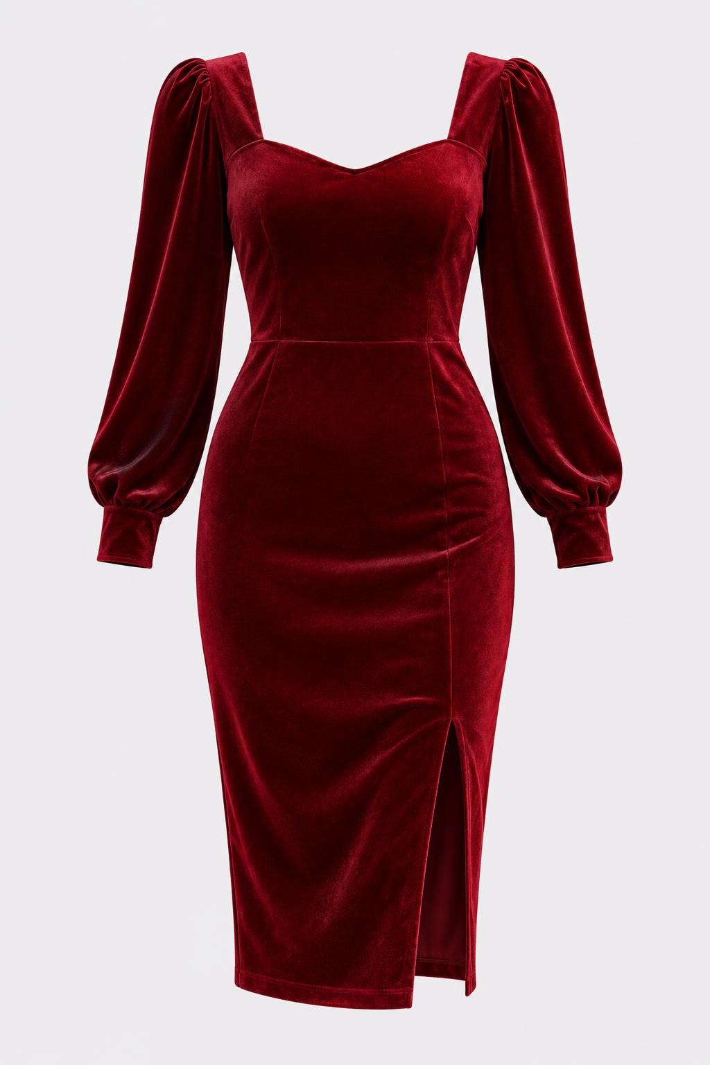 Velvet Midi Dress With Puff Sleeves - 1