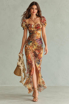Orange Ruffle Maxi Dress With Puff Sleeves - 2