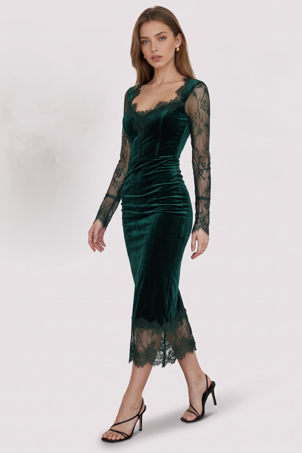 Velvet Midi Dress with Lace Long Sleeves - 3