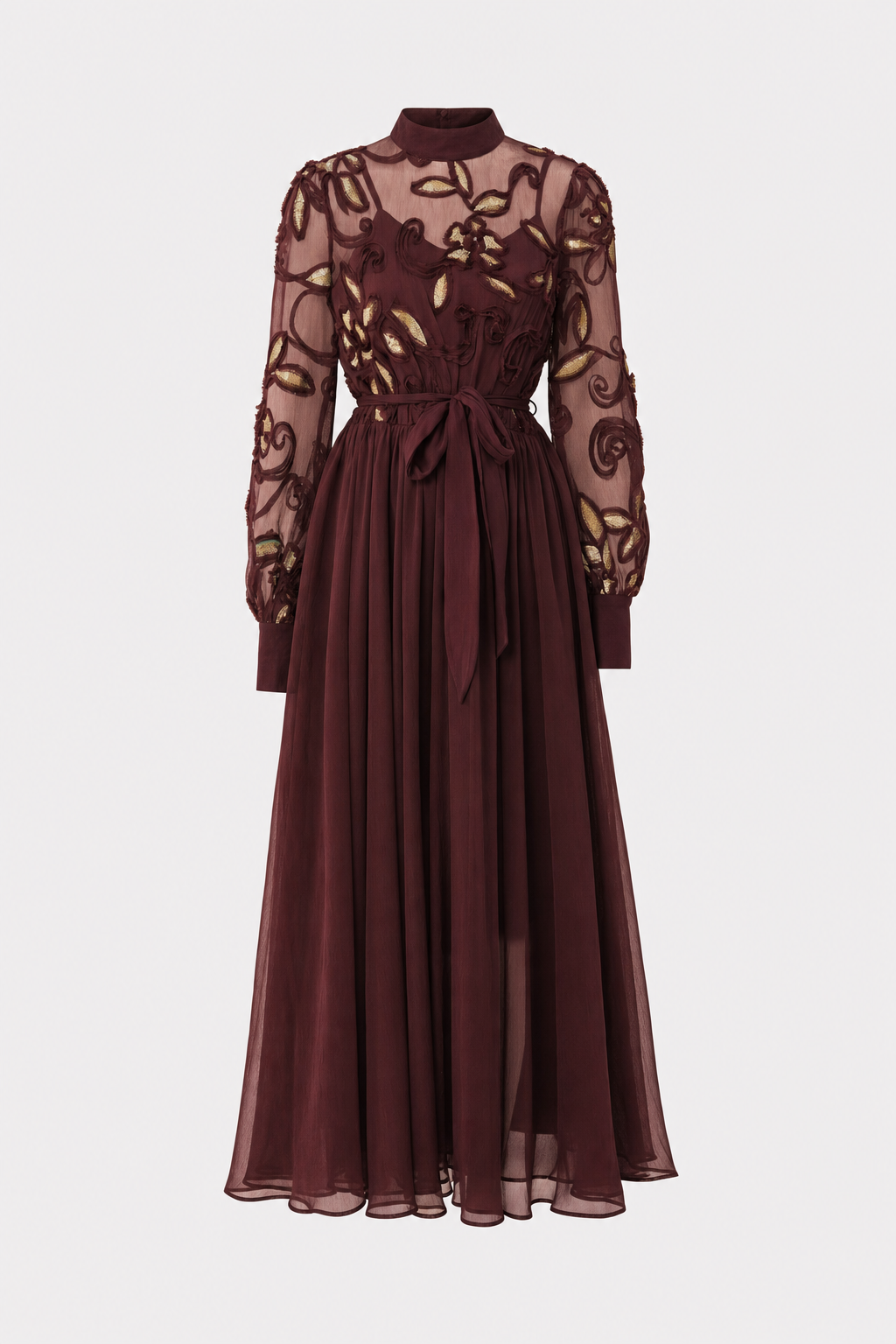 Burgundy Gold Embroidery Long Sleeve Maxi Dress