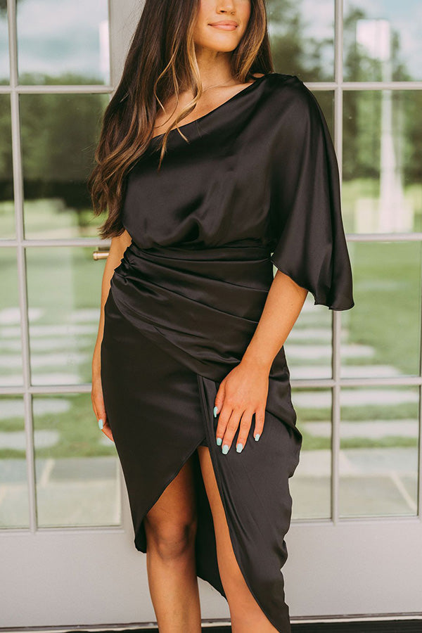 Satin one-shoulder drape midi dress - view 4