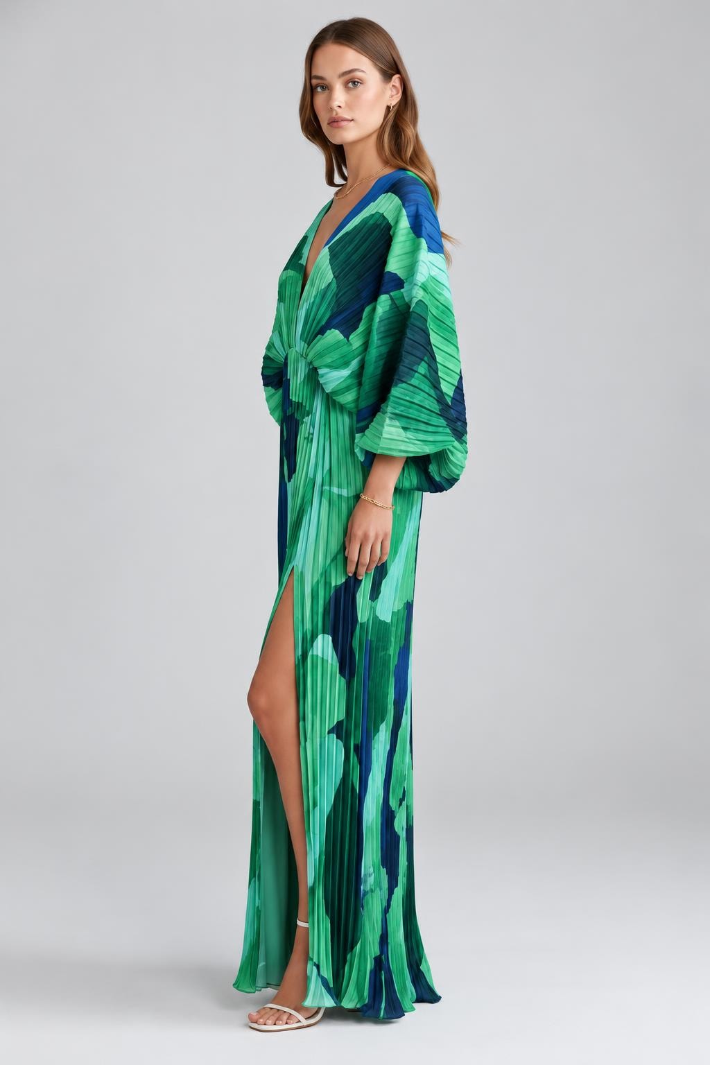 Pleated V-Neck Maxi Dress - 5