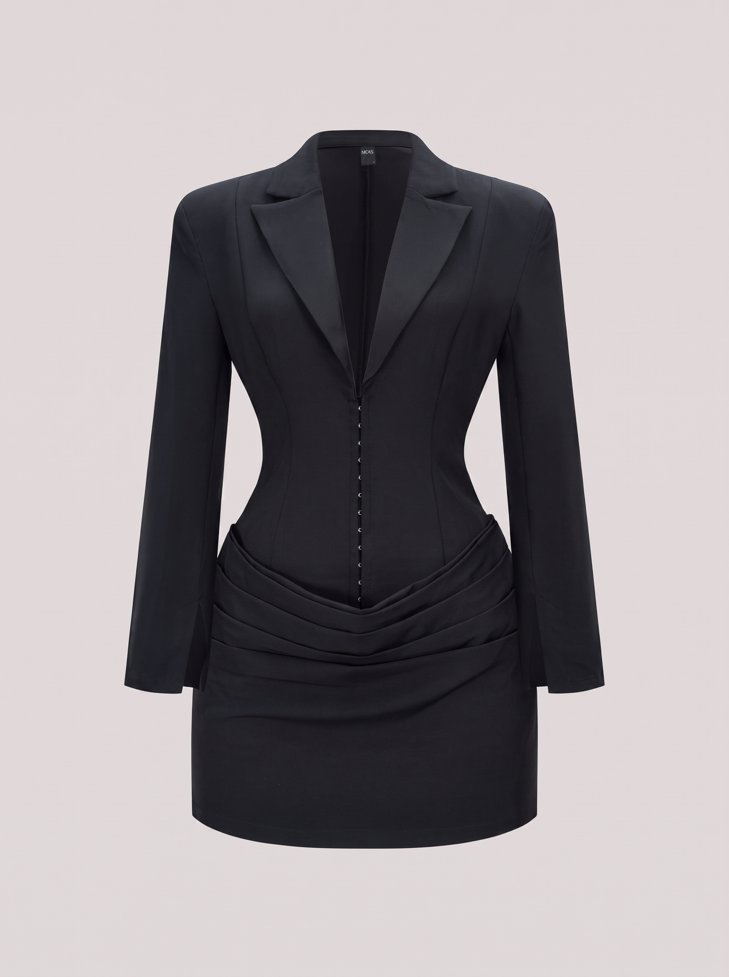 Twill mini dress with ruched waist and deep V-neck