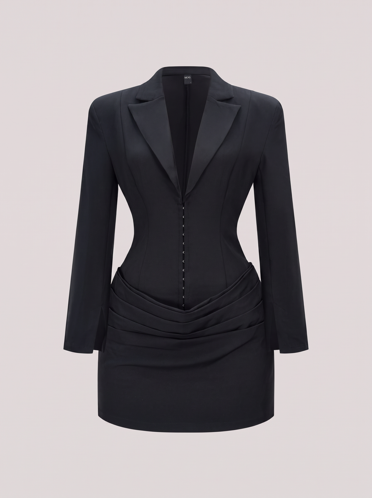 Twill mini dress with ruched waist and deep V-neck