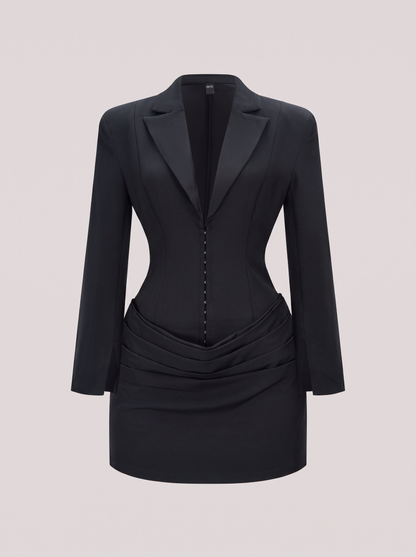 Twill mini dress with ruched waist and deep V-neck