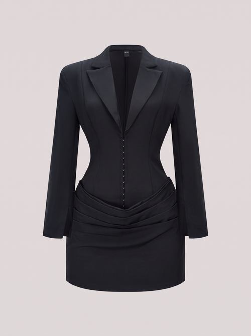 Twill mini dress with ruched waist and deep V-neck