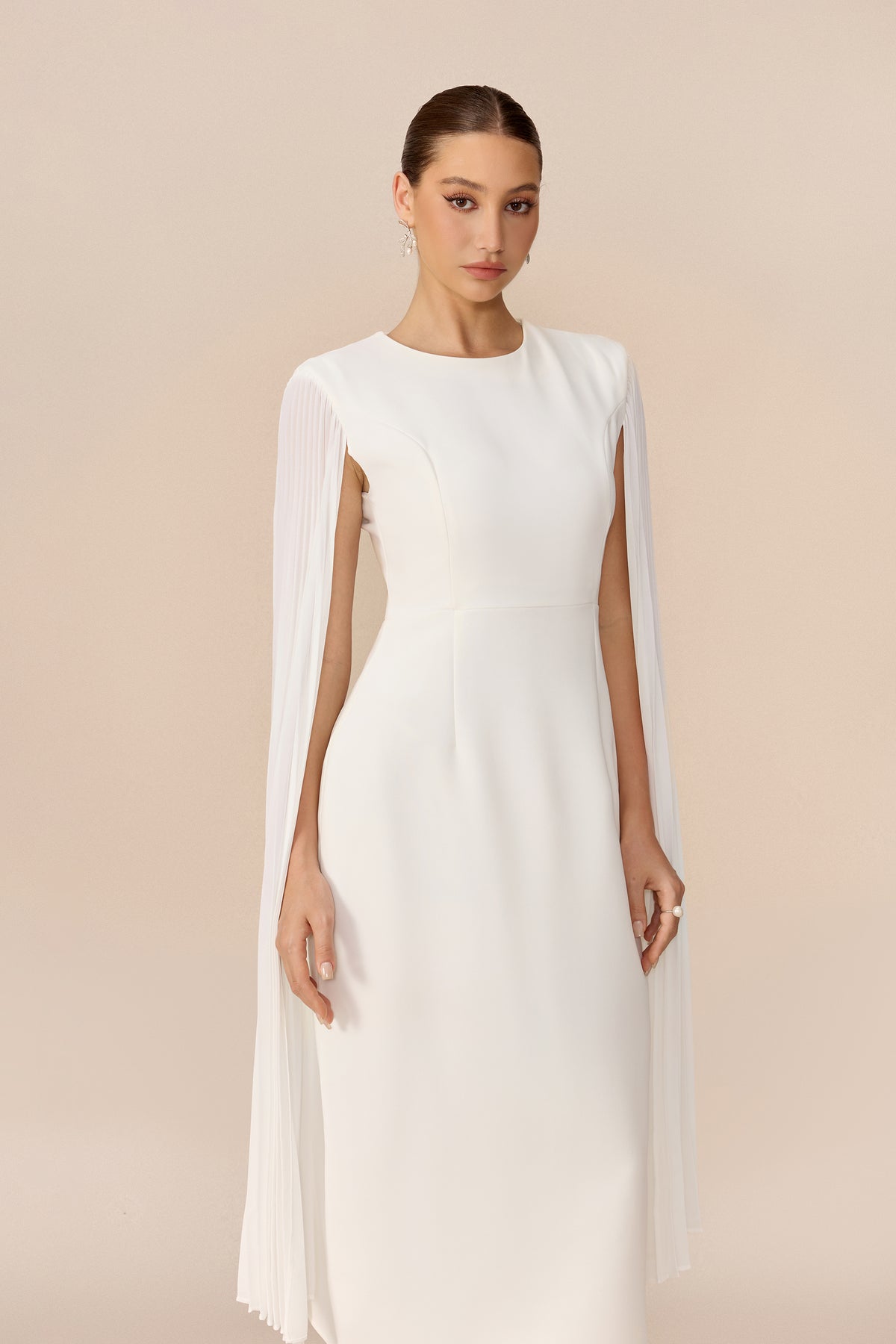 White pleated cape sleeve midi dress - view 3