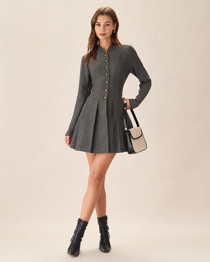 Grey Pleated Button-Front Mini Dress - view 2