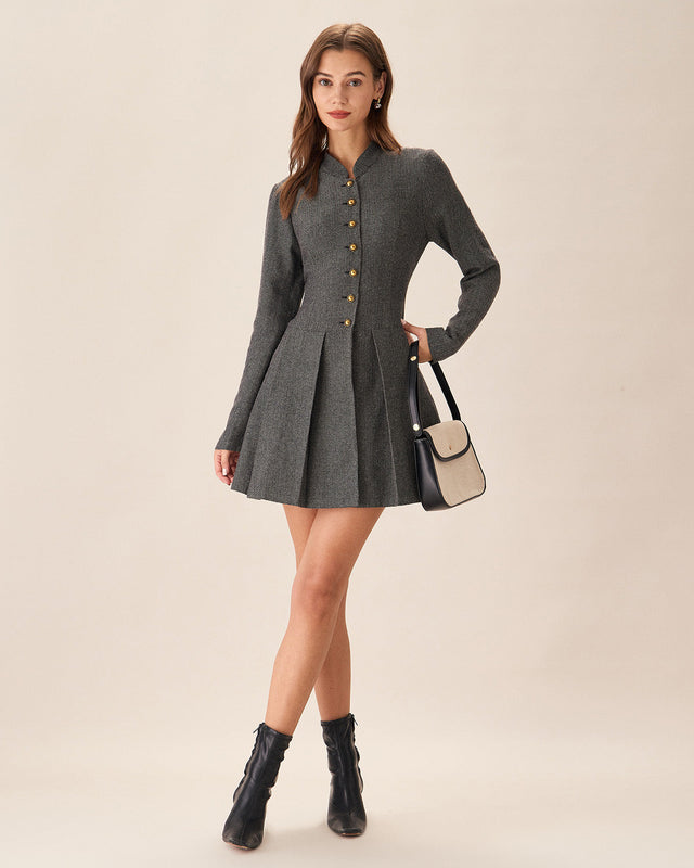 Pleated Mini Dress With Button-Front A-Line Fit - 2