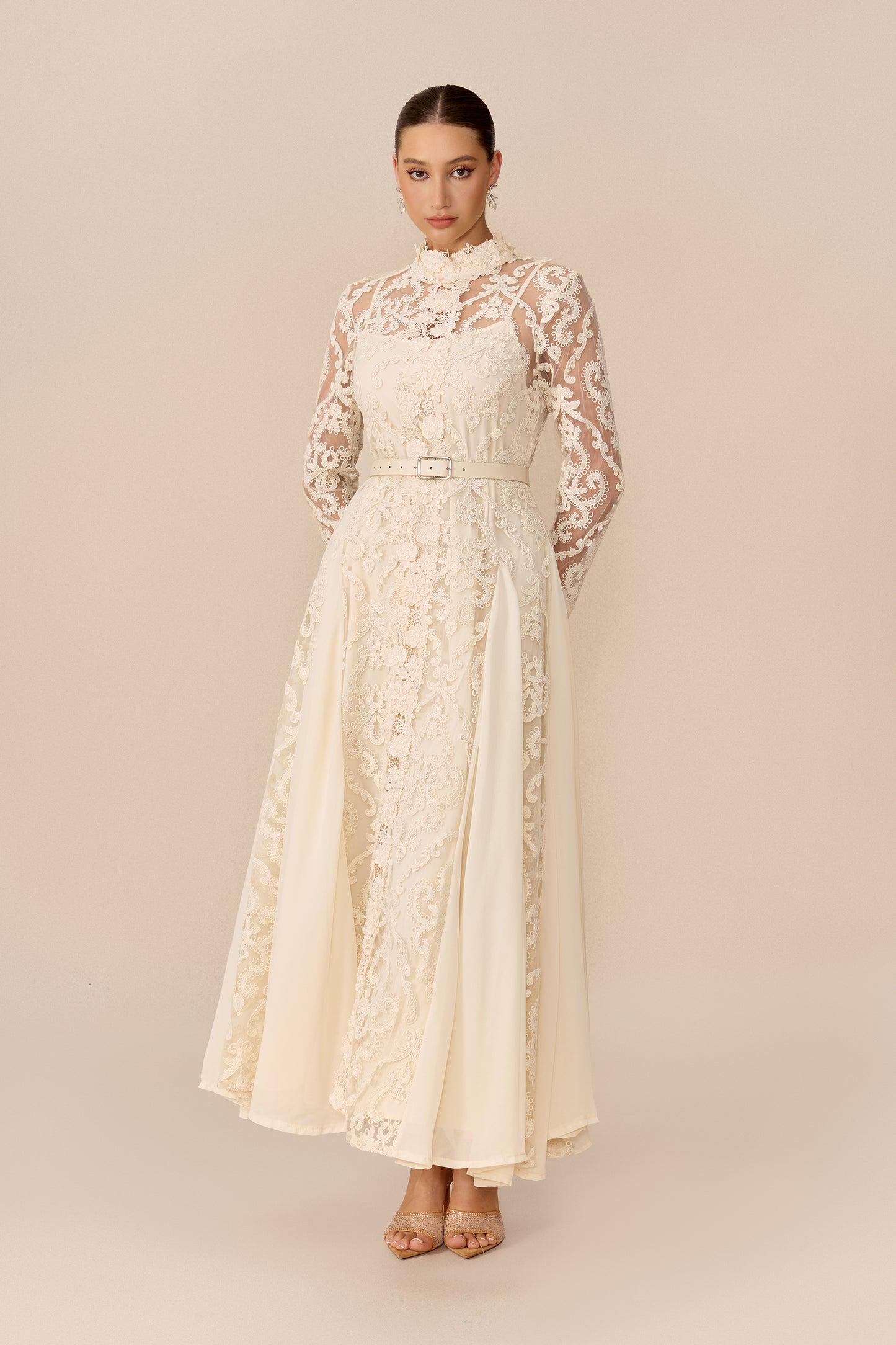 High Neck Lace Overlay Maxi Dress in Beige - view 5