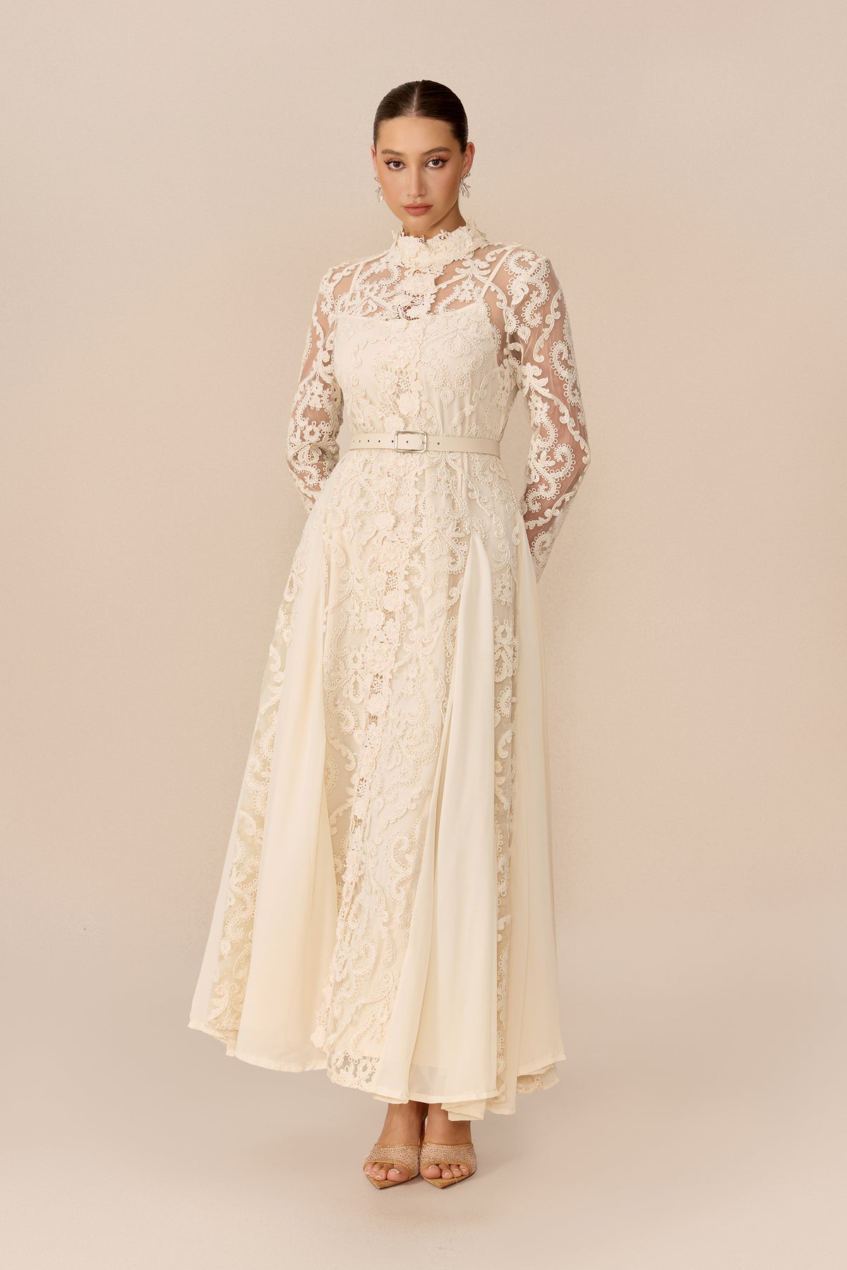 High Neck Lace Overlay Maxi Dress in Beige - view 5