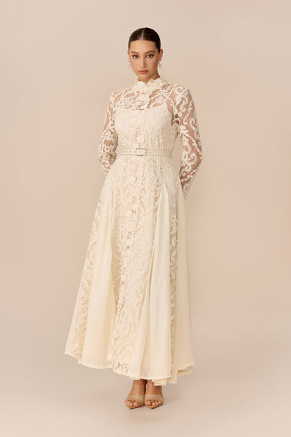 High Neck Lace Overlay Maxi Dress in Beige - view 5