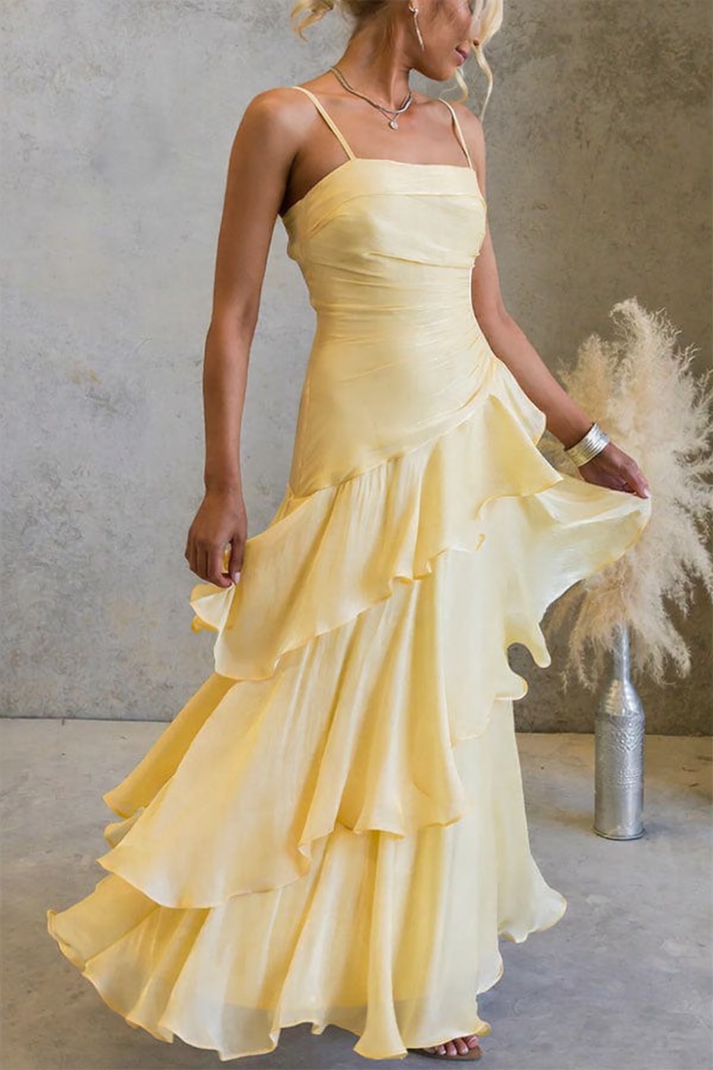 Polyester Maxi Dress With Square Neck And Ruffles - 10