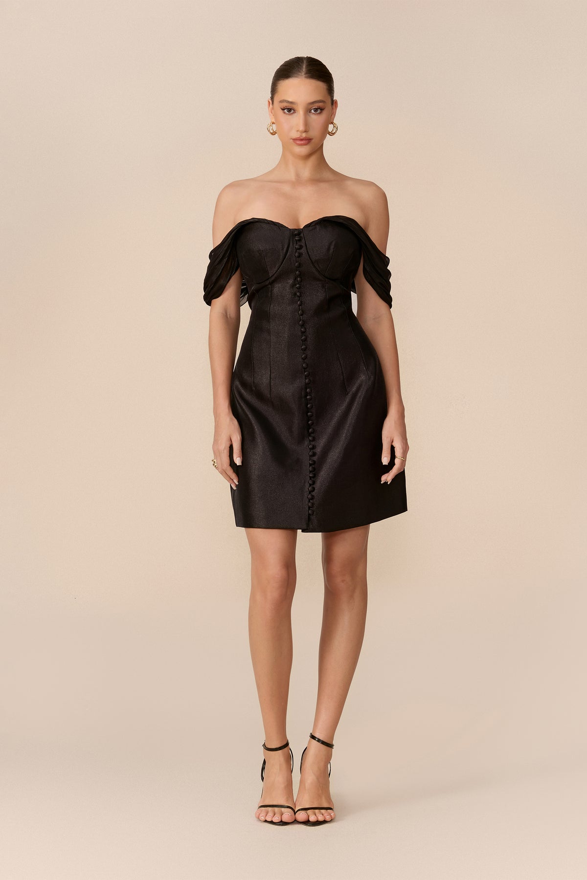 Black satin off-shoulder corset mini dress - view 2