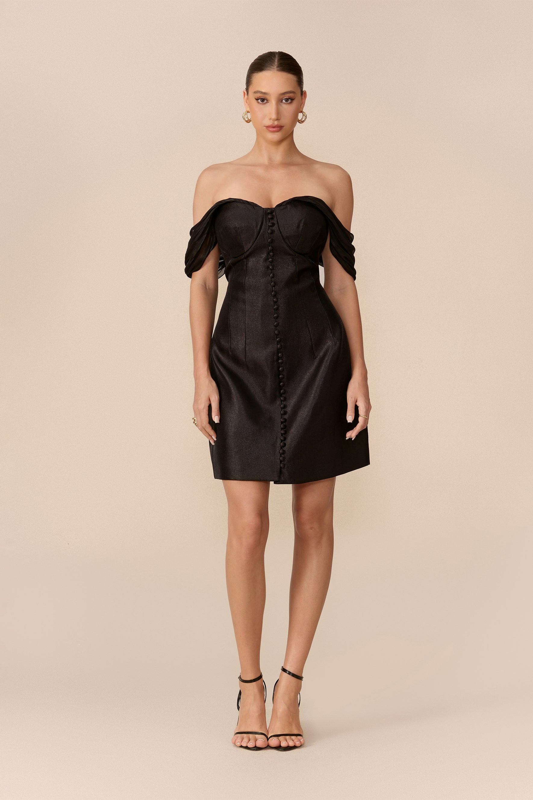 Black satin off-shoulder corset mini dress - view 2