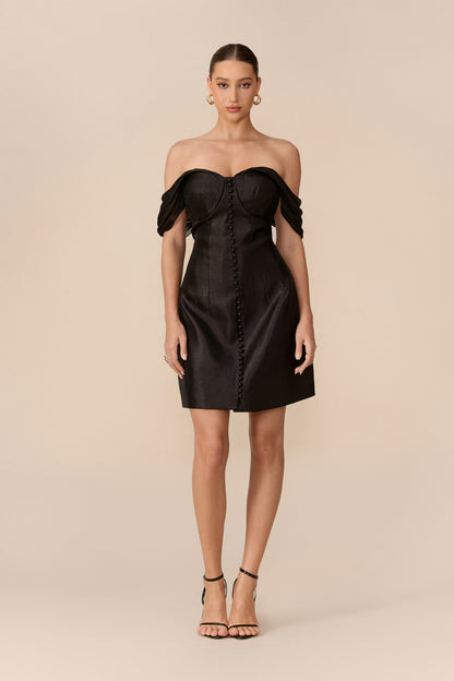Black satin off-shoulder corset mini dress - view 2