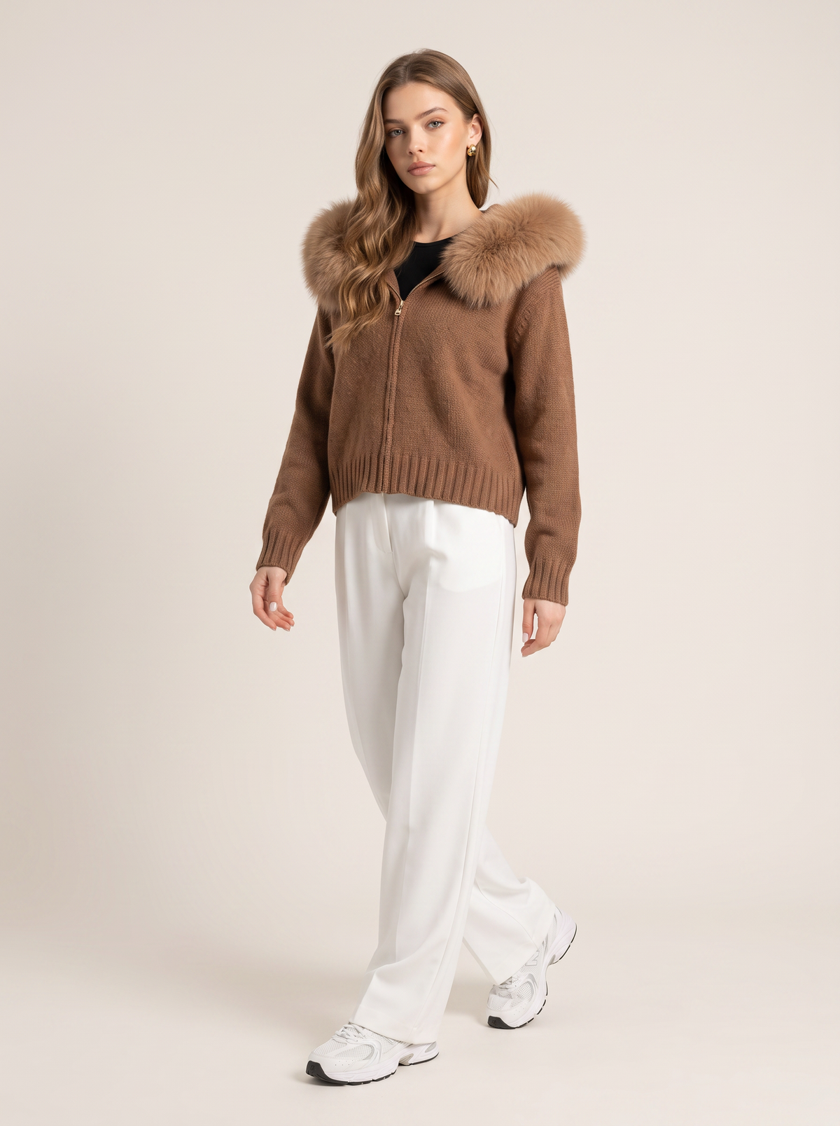 Wool jacket with faux fur-lined hood - view 2