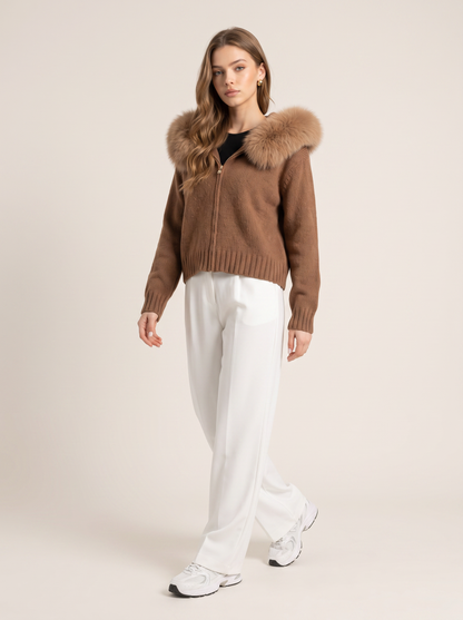 Wool jacket with faux fur-lined hood - view 2