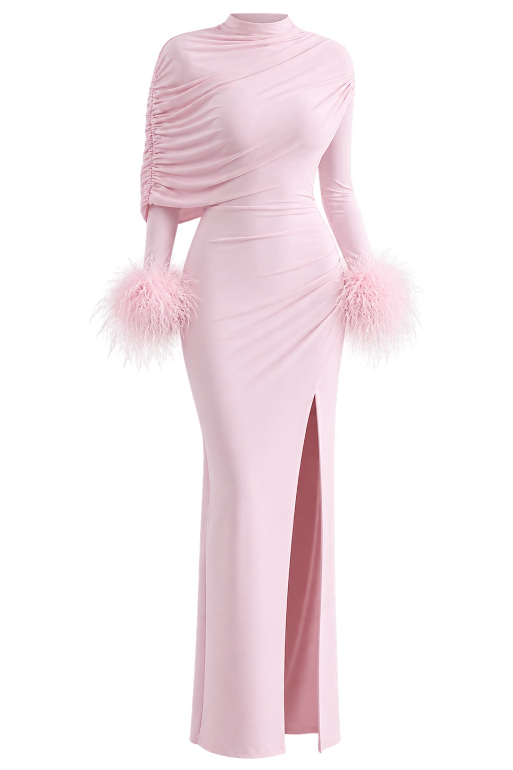 Polyester Maxi Dress With Feather Sleeves And Cape Design - 1
