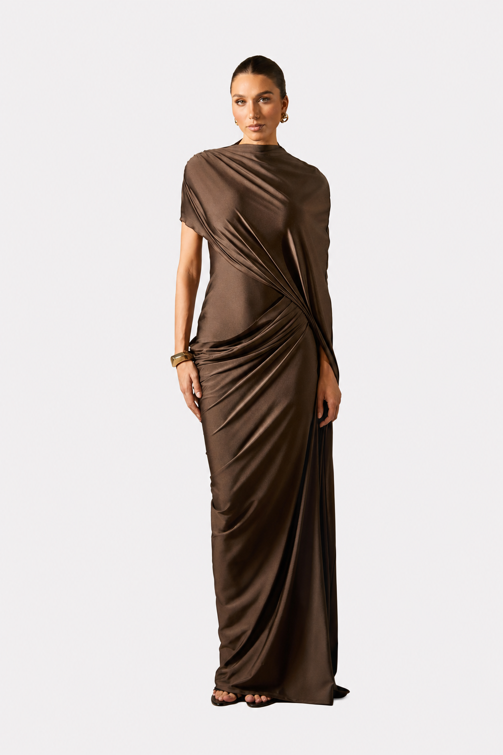 Asymmetric Sleeve Draped Maxi Dress For Evening Events - 6