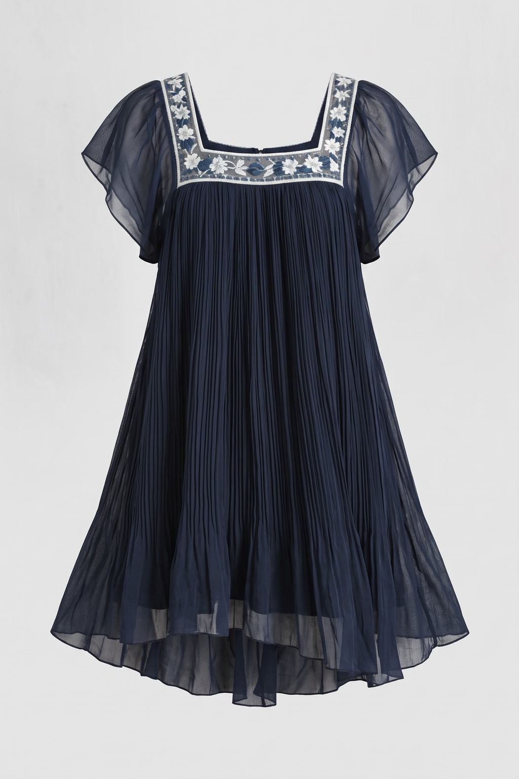 Navy Blue Chiffon Pleated Babydoll Mini Dress - 1