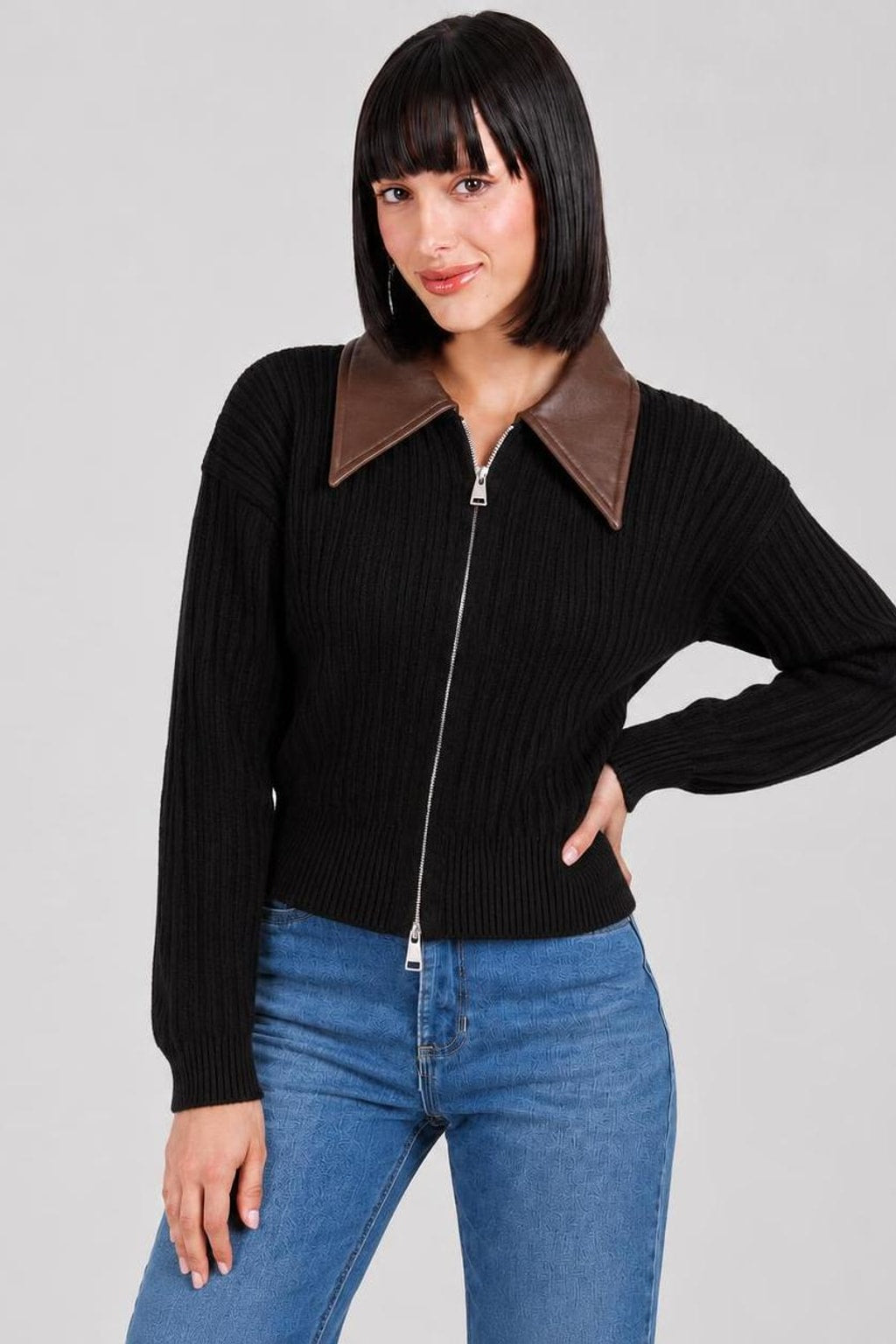 Ribbed Knit Zip-Front Cropped Sweater - 7
