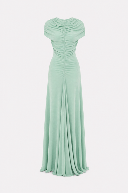 Green velvet ruched cap sleeve maxi dress