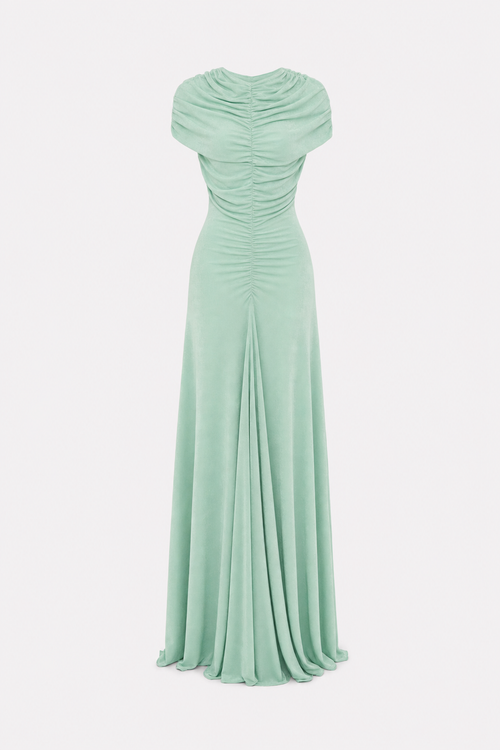 Green velvet ruched cap sleeve maxi dress