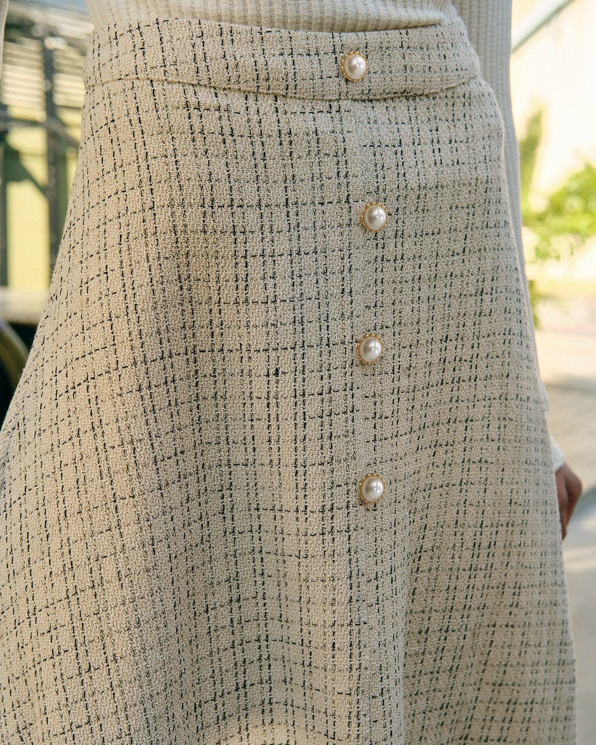 Beige High-Waisted Tweed Midi Skirt - view 5