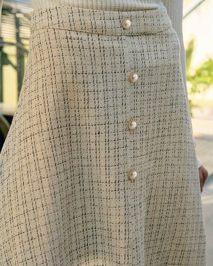 Beige High-Waisted Tweed Midi Skirt - view 5