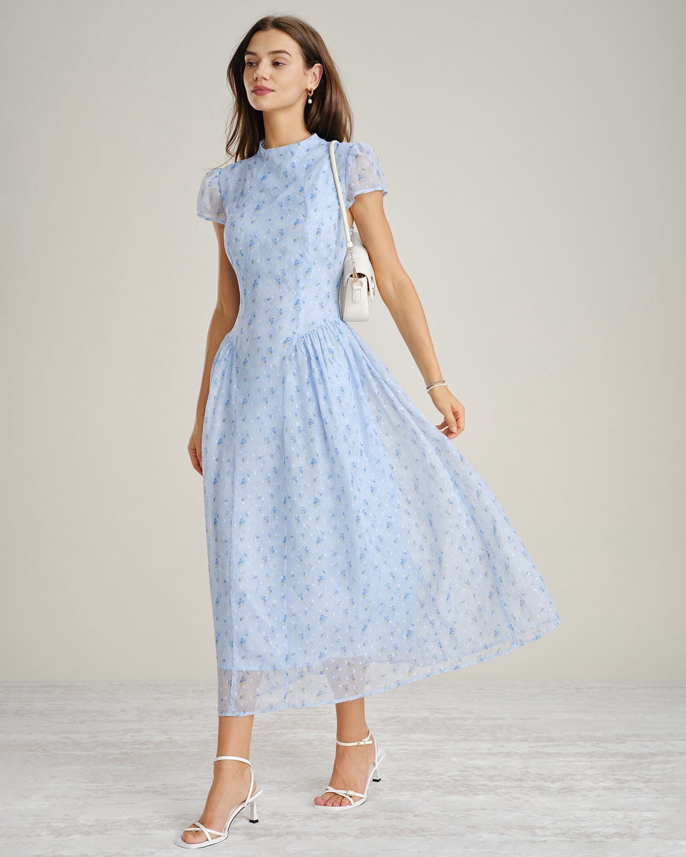 Blue Floral Jacquard Mock Neck Maxi Dress - view 3