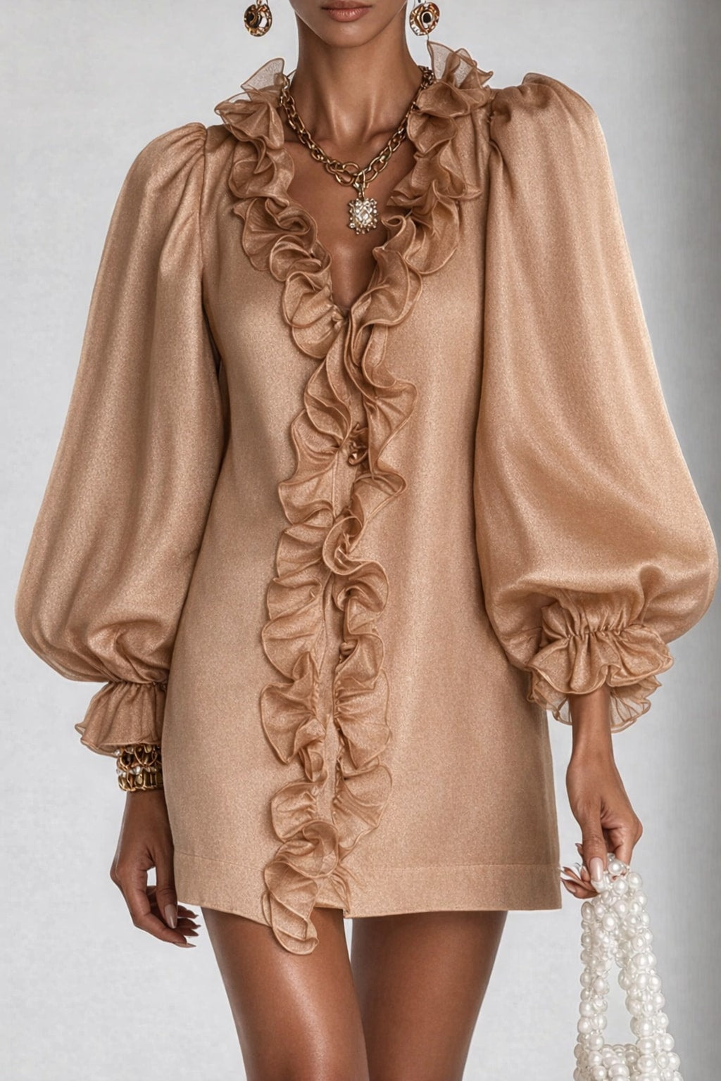 Polyester Short Dress With Puff Sleeves And V-Neckline - 5