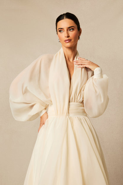 Beige Deep V Puff Sleeve Chiffon Maxi Dress - view 3